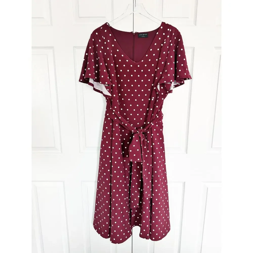 Lane Bryant Lena V-Neck Level-Hem Midi Dress Burgundy Tie Waist Pockets - Picture 2 of 8